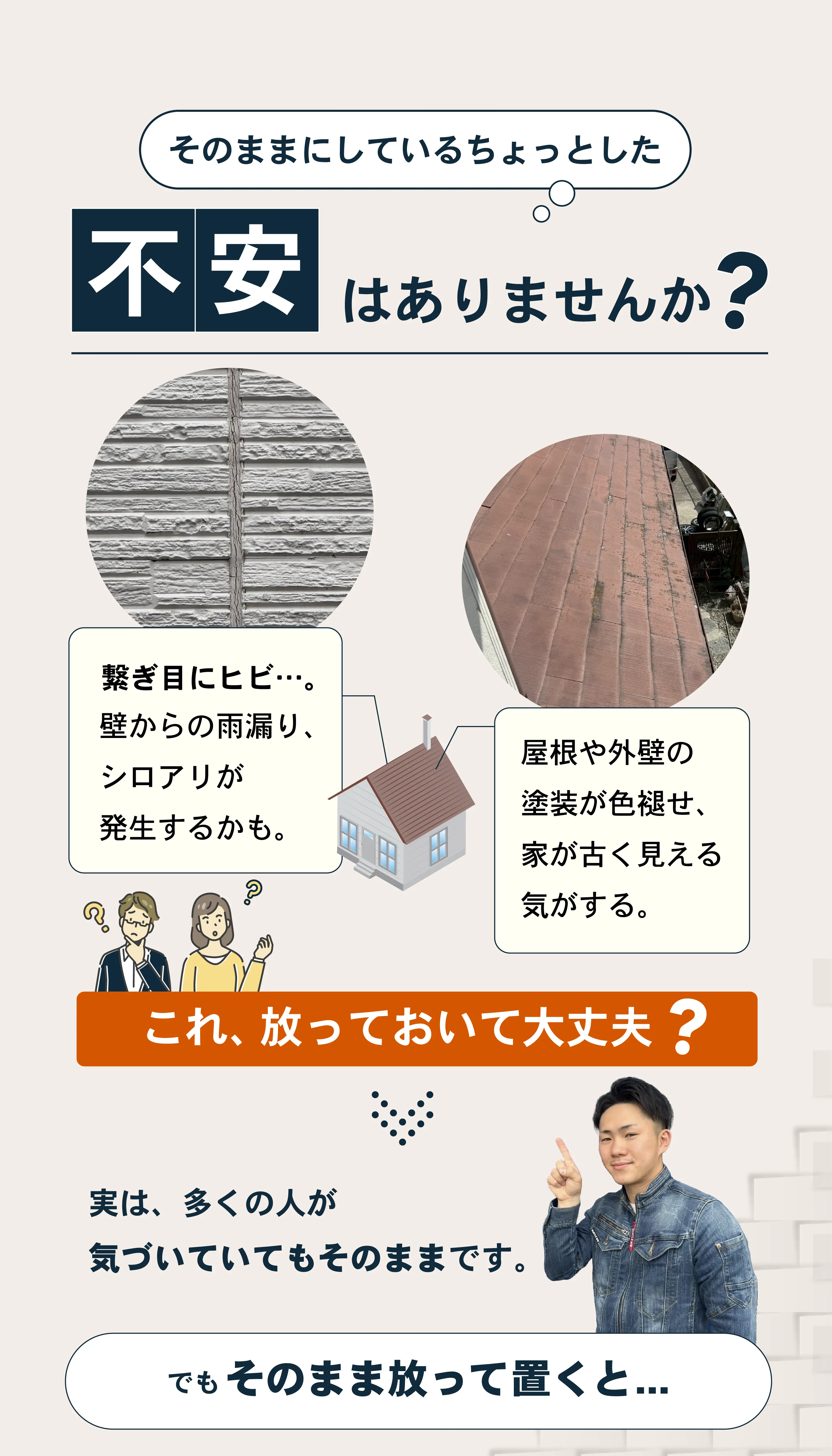 外壁や屋根の劣化に関する不安を訴える画像